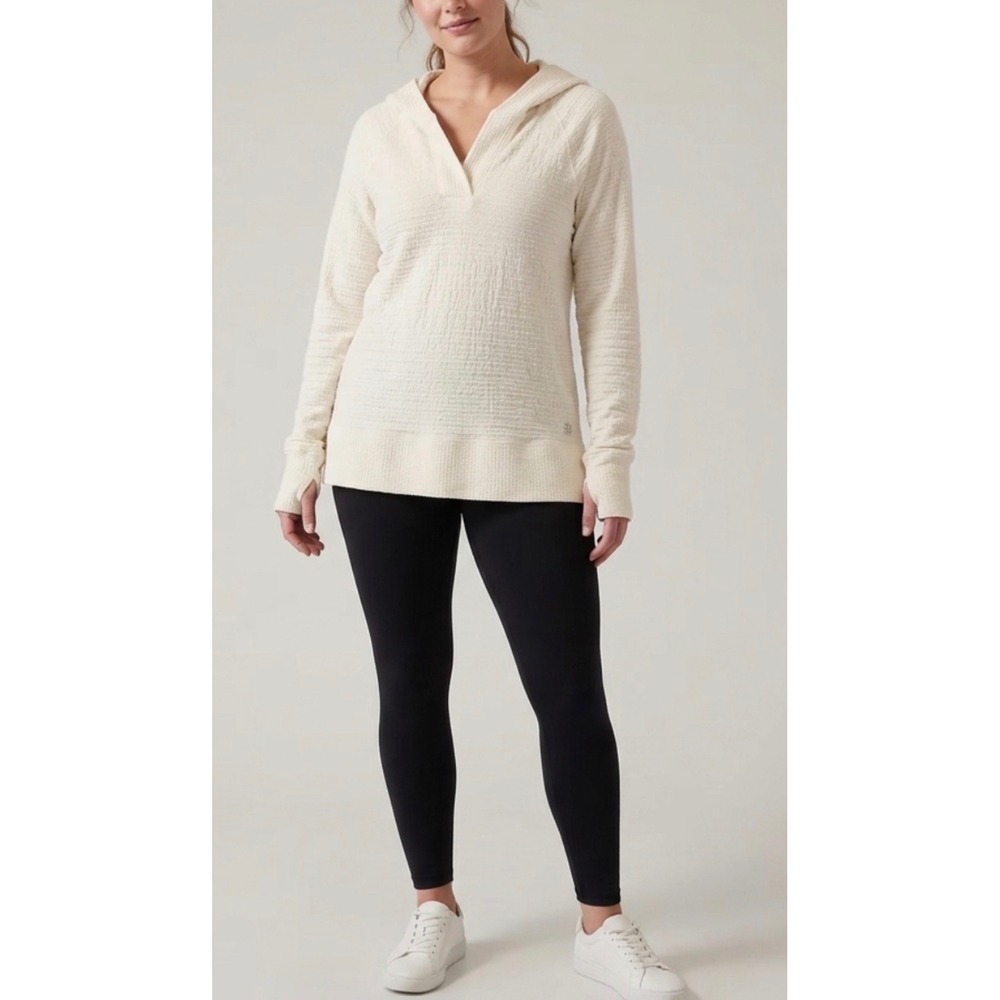 Athleta Sundown Hoodie V-Neck Pullover Oatmeal Wool Blend Stretch Crinkle Sz Lg
